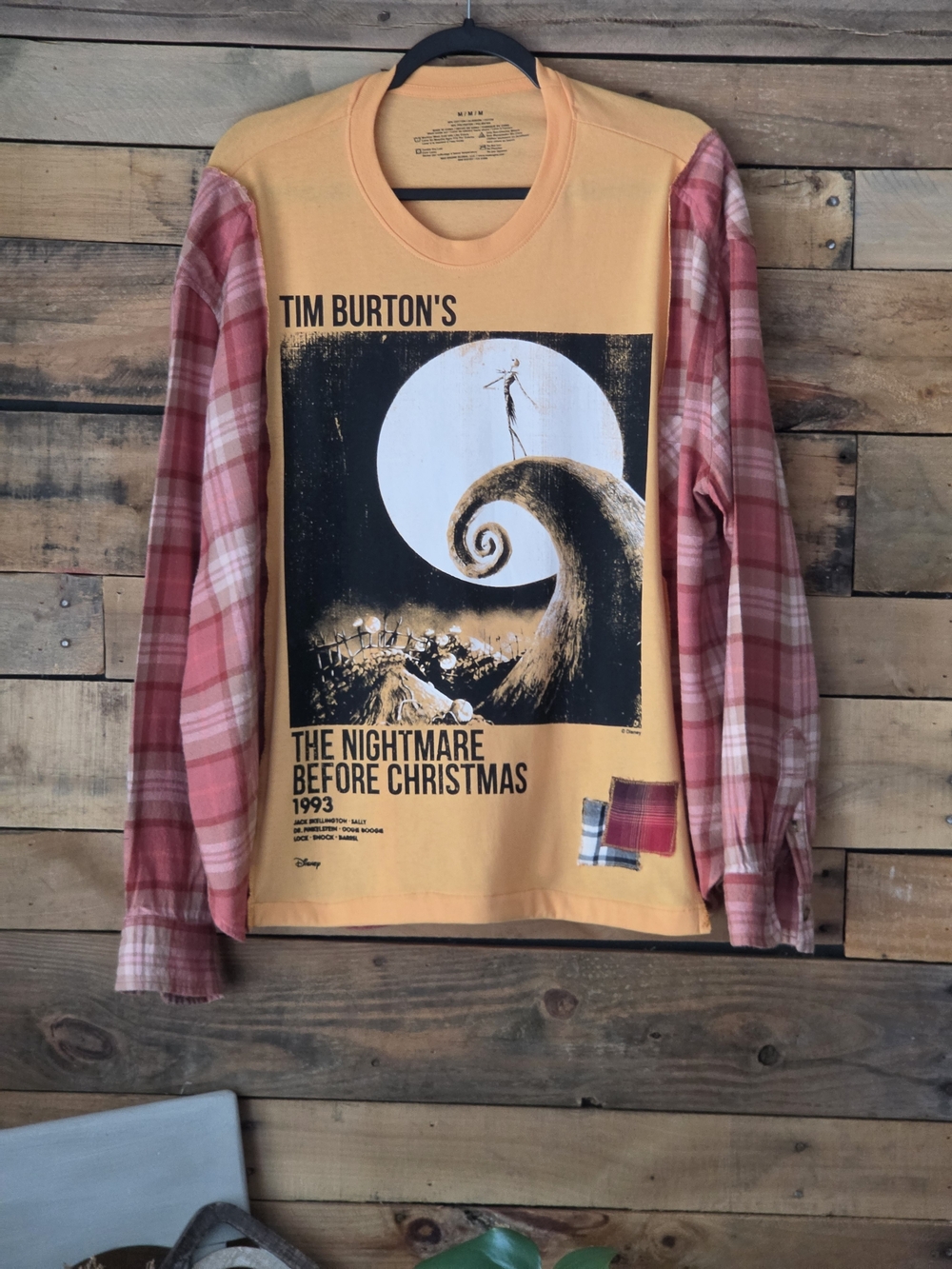 Upcycled Disney The Nightmare Before Christmas Graphic Tee With Plaid Sleeves